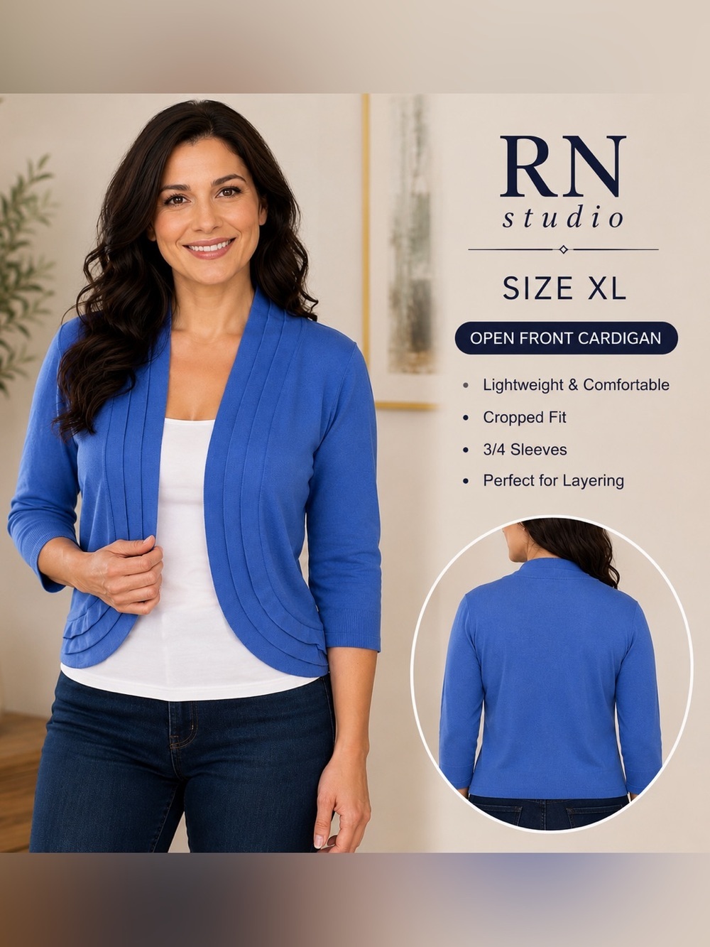 RN Blue Open Front Cropped Cardigan Cottagecore  Sweater Size XL